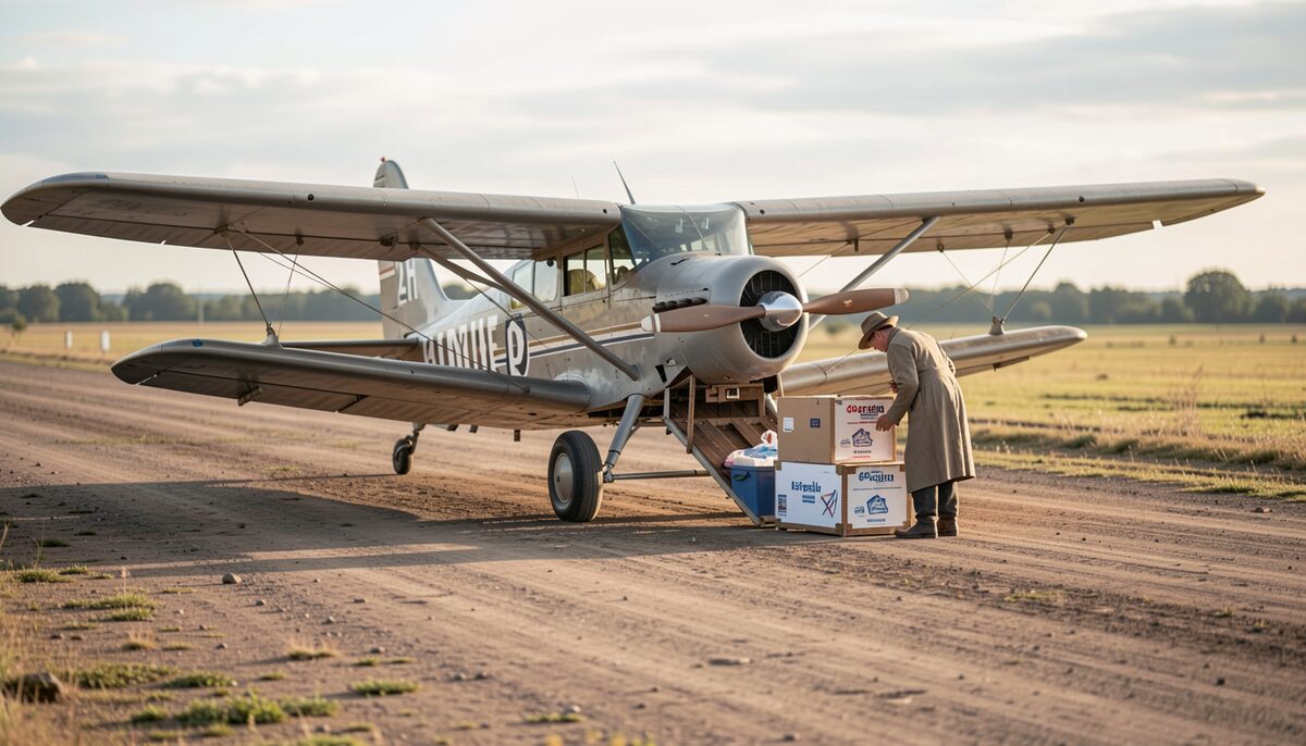 A vintage single-engine aircraft parked on a dirt airstrip with a medical supply box being unloaded by two people in period clothing.