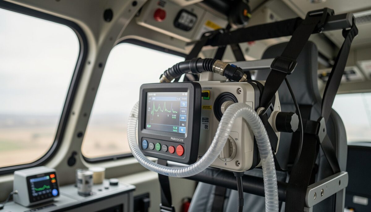 A close-up of a portable ventilator and monitor strapped to a mounting rack inside a helicopter medical interior.