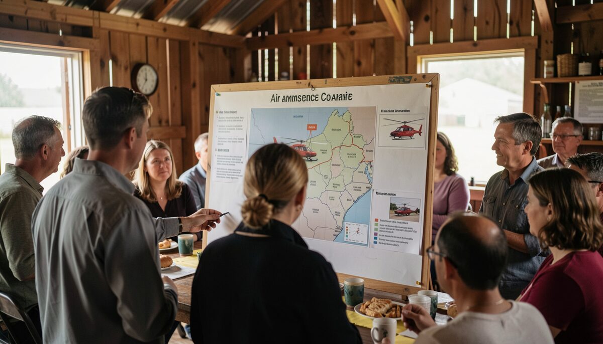 A community meeting in a rural hall where people are discussing a poster board showing a map of air ambulance coverage.