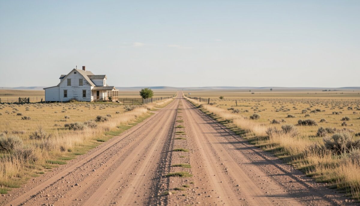 A remote homestead surrounded by open plains with a long dirt road leading to the horizon and no other buildings in sight.