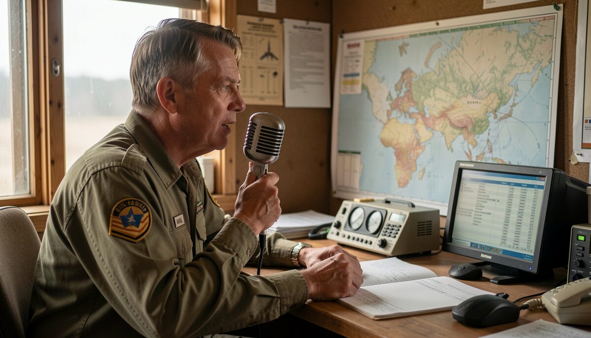 A radio operator in a remote outpost speaking into a vintage microphone while a map and flight log are visible on the desk.