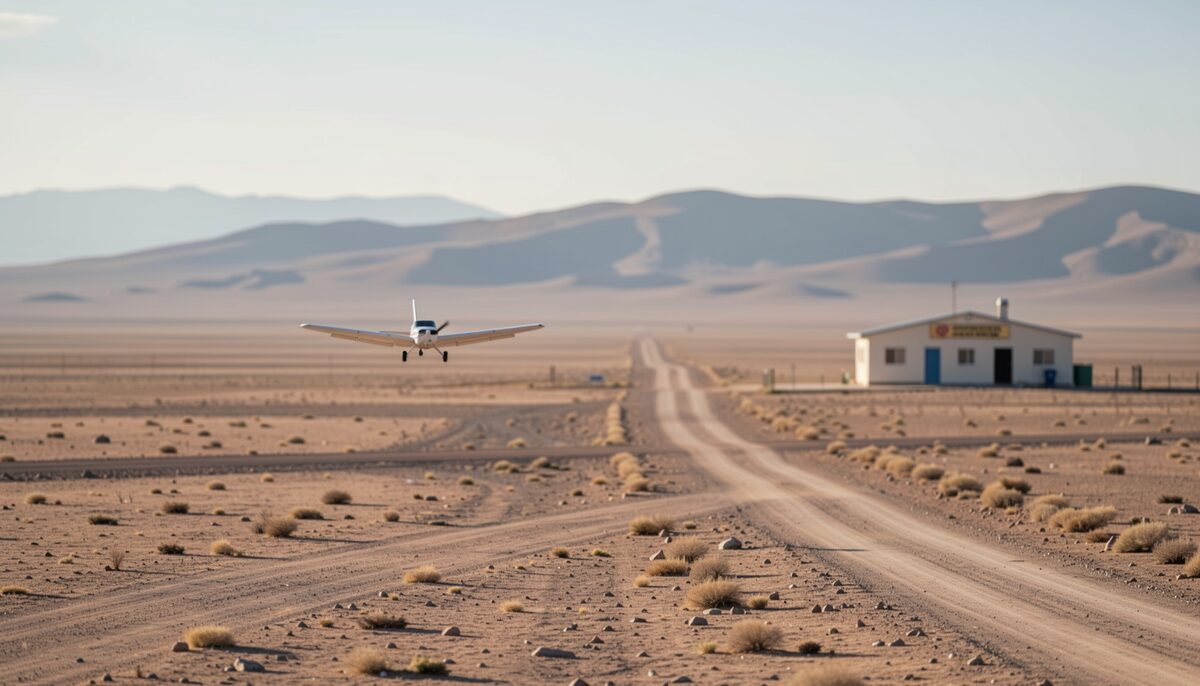 A small plane flying low over a vast desert landscape with a remote dirt road and a solitary clinic building in the distance.