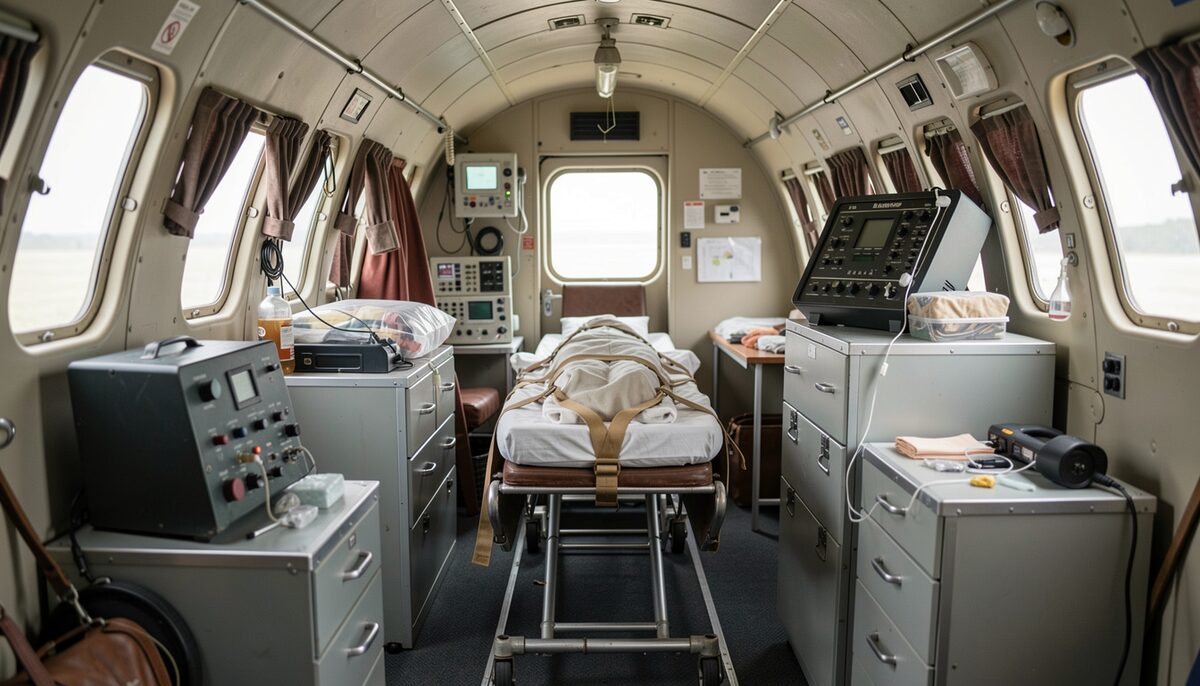 A historical air ambulance interior with a stretcher secured inside a small aircraft cabin and medical equipment from the mid twentieth century.