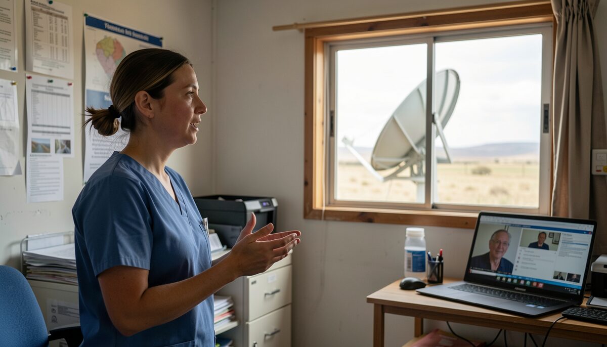 A nurse at a remote clinic speaking with a specialist on a video screen while a satellite dish is visible outside the window.
